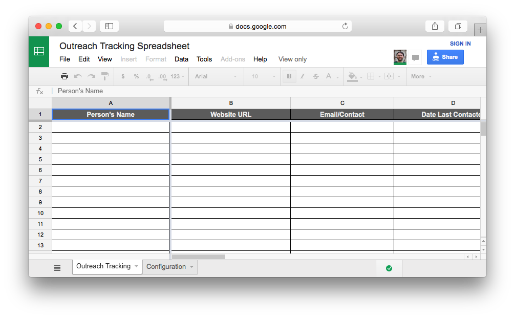 Outreach Tracking Spreadsheet screenshot